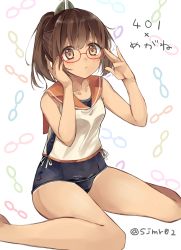 Rule 34 | 10s, 1girl, adjusting eyewear, bad id, bad twitter id, bespectacled, brown eyes, brown hair, glasses, i-401 (kancolle), kantai collection, looking at viewer, one-piece swimsuit, ponytail, red-framed eyewear, sailor collar, school swimsuit, school uniform, shijima (sjmr02), short hair, short ponytail, sitting, solo, swimsuit, swimsuit under clothes, tan, wariza