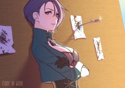Rule 34 | 1girl, absurdres, asymmetrical bangs, black gloves, blue eyes, blue hair, breasts, choker, cleavage, closed mouth, collarbone, crossed arms, dagger, drawing, fire emblem, fire emblem: three houses, floof n wool, gloves, green jacket, highres, jacket, knife, large breasts, looking at viewer, nintendo, open clothes, open jacket, shamir nevrand, short hair, sleeves rolled up, solo, standing, weapon, white background