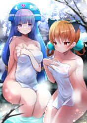 Rule 34 | 2girls, absurdres, alisa southerncross, animal ears, blue hair, blue hairband, blurry, blurry foreground, blush, branch, breasts, cleavage, closed mouth, commentary request, covered navel, covering privates, crossover, day, depth of field, fake animal ears, gluko, hair rings, hairband, highres, keroro gunsou, large breasts, medium breasts, multiple girls, nude cover, onsen, orange hair, outdoors, purple eyes, red eyes, rokumon tengai mon colle knight, shibakame, sitting, smile, towel, v-shaped eyebrows, water