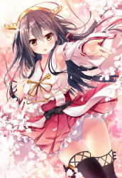 Rule 34 | 10s, 1girl, brown eyes, brown hair, cherry blossoms, detached sleeves, dutch angle, hair ornament, hairband, hairclip, haruna (kancolle), jpeg artifacts, kantai collection, kino (kino konomi), long hair, looking at viewer, nontraditional miko, open mouth, panties, pantyshot, pleated skirt, skirt, solo, standing, underwear