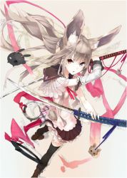 Rule 34 | &gt;:o, 1girl, :o, animal ears, black thighhighs, boots, chakram, detached sleeves, dual wielding, from above, grey hair, heterochromia, holding, katana, light brown hair, looking at viewer, nil, perspective, rabbit ears, ribbon, solo, sword, tail, thighhighs, v-shaped eyebrows, weapon, x arms