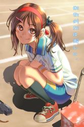 Rule 34 | 1girl, aoi sora (pairan), backlighting, bike shorts, black socks, blue shorts, blush, brown eyes, brown hair, closed mouth, collared shirt, converse, cross-laced footwear, day, emblem, eyebrows, face, from side, full body, gym shirt, gym shorts, gym uniform, hair ornament, hair tie, hairband, hairclip, hands on own thighs, happy, kneehighs, legs together, light smile, long hair, looking at viewer, original, outdoors, pairan, parted bangs, red footwear, running track, shaded face, shadow, shirt, shoes, short twintails, shorts, sidelocks, smile, sneakers, soccer uniform, socks, solo, sportswear, squatting, track and field, twintails, white shirt, wristband
