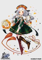Rule 34 | 1girl, ahoge, blush, boots, brown footwear, capelet, copyright name, dress, floral print, full body, green dress, grey hair, hair tie, hand up, holding, holding staff, looking at viewer, matsurika youko, official art, orange eyes, smile, staff, tassel, the caster chronicles, two side up, watermark, white capelet