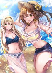 Rule 34 | 2girls, ;d, adjusting clothes, arm up, atelier (series), atelier ryza, atelier ryza 1, beach, bikini, bikini under clothes, black bow, blonde hair, blue bikini, blue sky, bow, braid, breasts, brown eyes, brown hair, cleavage, closed mouth, cloud, collarbone, commentary request, flower, french braid, hat, hat bow, highres, klaudia valentz, large breasts, long hair, looking at viewer, medium breasts, multiple girls, navel, ocean, official art, one eye closed, open mouth, outdoors, outstretched arm, reaching, reaching towards viewer, reisalin stout, sarong, see-through, short hair, short shorts, shorts, side braid, sky, smile, sorashima (117), standing, standing on one leg, strapless, straw hat, sunflower, sunlight, swimsuit, teeth, tube top, upper teeth only, yellow bikini