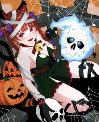 Rule 34 | 1girl, alternate costume, animal ears, bandages, bare shoulders, bell, black bow, black gloves, blue eyes, bow, braid, breasts, bug, cat ears, cat tail, cleavage, commentary, corset, cross, dress, fang, ghost, gloves, green dress, halloween, highres, hitodama, holding, holding skull, jack-o&#039;-lantern, jingle bell, kaenbyou rin, leg ribbon, looking at viewer, medium breasts, multiple tails, neck bell, open mouth, orange background, pumpkin, purple bow, red bow, red eyes, red hair, ribbon, shi ppo no, silk, sitting, skull, slit pupils, smile, spider, spider web, tail, tombstone, touhou, twin braids, two tails