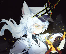 Rule 34 | 1girl, alchemy stars, animal ears, black background, black gloves, cape, coat, commentary request, cross, eyebrows, fire, gloves, highres, holding, holding sword, holding weapon, long hair, looking at viewer, philyshy (alchemy stars), signature, solo, sparks, sword, tt (yace3857), weapon, white cape, white coat, white hair, white headwear, yellow eyes