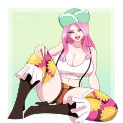 Rule 34 | 1girl, absurdres, bare shoulders, breasts, brown footwear, cleavage, green hat, hat, heels, highres, huge breasts, jewelry bonney, large breasts, lipstick, long hair, makeup, midriff, one piece, pink hair, rosewald1929, sitting, solo, source request, spread legs, tagme, thick thighs, thighs