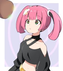 Rule 34 | 1girl, 1other, bare shoulders, beheeyem, belt, belt buckle, black skirt, breasts, buckle, collarbone, coral (pokemon), creatures (company), etlabsotwe, expressionless, game freak, gen 5 pokemon, glowing, glowing hand, hair ornament, hand up, highres, hypnosis, long sleeves, looking at another, mind control, neon lights, nintendo, off shoulder, open mouth, out of frame, pink hair, pokemon, pokemon (anime), pokemon horizons, saliva, saliva trail, simple background, skirt, sleeves past wrists, tongue, twintails, yellow belt
