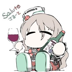 Rule 34 | 1girl, ^ ^, alcohol, anchor, boots, bottle, chibi, closed eyes, cup, drinking glass, food, fruit, grapes, grey hair, hair between eyes, hat, holding, italian text, kantai collection, long hair, long sleeves, mini hat, miniskirt, necktie, no mouth, pola (kancolle), red skirt, simple background, sitting, skirt, sleeves past wrists, solo, task (s task80), tilted headwear, wavy hair, white background, white footwear, wine, wine bottle, wine glass