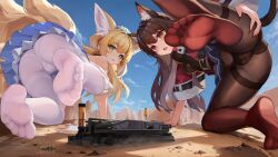 Rule 34 | 2girls, absurdres, all fours, animal ear fluff, animal ears, arknights, ass, ass grab, bare shoulders, belt, blue hairband, blue skirt, blue sky, blush, breasts, brown hair, brown pantyhose, cat ears, cat girl, cat tail, day, feet, fox ears, fox girl, fox tail, giant, giantess, grabbing own ass, gradient legwear, green eyes, hairband, highres, landship, layered skirt, long hair, medium breasts, multiple girls, no shoes, open mouth, orange eyes, outdoors, panties, panties under pantyhose, pantyhose, pantyshot, red pantyhose, skirt, sky, skyfire (arknights), soles, suzuran (arknights), synring97, tail, thighband pantyhose, toes, underwear, upskirt, white panties, white pantyhose