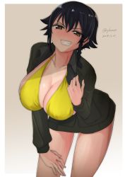 Rule 34 | 1girl, absurdres, artist name, bikini, bikini top only, black hair, blush, braid, breasts, brown background, brown eyes, cleavage, collarbone, dated, female focus, girls und panzer, green jacket, grin, highres, irukatto, jacket, large breasts, looking at viewer, open clothes, open jacket, parted lips, pepperoni (girls und panzer), shiny skin, short hair, simple background, smile, solo, swimsuit, teeth, yellow bikini