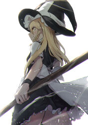 Rule 34 | 1girl, absurdres, apron, ass, back bow, black dress, black hat, blonde hair, bow, braid, broom, closed mouth, commentary request, cowboy shot, dress, from behind, from below, hair between eyes, hat, hat bow, highres, holding, holding broom, kirisame marisa, large bow, long bangs, long hair, looking afar, pinafore dress, shirt, short sleeves, side braid, simple background, single braid, sleeveless, sleeveless dress, smile, solo, sotatsudraw, touhou, waist apron, white apron, white background, white bow, white shirt, witch hat, yellow eyes