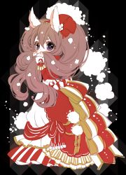 Rule 34 | 1girl, big hair, blush, bow, brown hair, copyright request, covering own mouth, dress, frilled dress, frills, hair between eyes, hair bow, hands up, long hair, long sleeves, looking at viewer, mamaloni, purple eyes, red bow, red dress, solo, standing, twintails