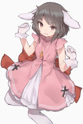 Rule 34 | 1girl, adapted costume, animal ears, brown hair, carrot necklace, dress, eyes visible through hair, gloves, hands up, highres, inaba tewi, looking at viewer, necklace, pink dress, pink eyes, rabbit ears, shone, short hair, simple background, smile, solo, touhou, white background, white gloves, white legwear
