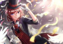 Rule 34 | 10s, 1girl, artist name, bird, black hat, bow, bowtie, coattails, eulyin huan, feathers, flower, gloves, hat, hat tip, love live!, love live! school idol festival, love live! school idol project, magician, nishikino maki, purple eyes, red flower, red hair, red rose, rose, short hair, smile, solo, striped clothes, striped vest, top hat, vertical-striped clothes, vertical-striped vest, vest, wand, white gloves