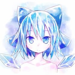 Rule 34 | 1girl, asameshi, blue background, blue bow, blue eyes, blue hair, bow, bright pupils, cirno, cropped torso, detached wings, ice, ice wings, looking at viewer, medium hair, nude, solo, touhou, upper body, white background, wings