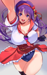 Rule 34 | 1girl, :d, arm up, asamiya athena, black gloves, breasts, cleavage, collarbone, fingerless gloves, gloves, hair ornament, hair ribbon, hairband, highres, large breasts, long hair, looking at viewer, negresco, open mouth, purple eyes, purple hair, red hairband, red ribbon, red sailor collar, ribbon, sailor collar, short sleeves, smile, solo, star (symbol), star hair ornament, the king of fighters, thighs
