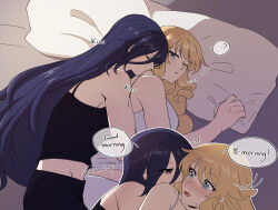 2girls black_camisole blonde_hair blue_eyes blush camisole clorinde_(genshin_impact) closed_eyes commentary cuddling english_commentary english_text genshin_impact highres hug hug_from_behind kaiyamon kiss kissing_neck long_hair morning multiple_girls navia_(genshin_impact) one_eye_closed parted_lips pillow purple_eyes purple_hair speech_bubble twitter_username waking_up white_camisole yuri