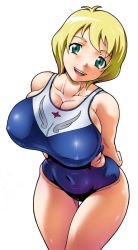 Rule 34 | 00s, 1girl, arms behind back, blonde hair, blue one-piece swimsuit, breasts, cleavage, covered erect nipples, curvy, erstin ho, female focus, fukudahda, green eyes, hip focus, huge breasts, my-otome, one-piece swimsuit, short hair, simple background, solo, swimsuit, thigh gap, thighs, wide hips