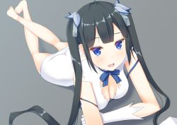 Rule 34 | 10s, 1girl, arm ribbon, bare shoulders, barefoot, black hair, blue eyes, bow, breasts, cleavage, cleavage cutout, clothing cutout, dress, dungeon ni deai wo motomeru no wa machigatteiru darou ka, female focus, gloves, grey background, hair ornament, hair ribbon, hestia (danmachi), large breasts, long hair, looking at viewer, lying, on floor, on stomach, open mouth, rei no himo, ribbon, short dress, simple background, sleeveless, sleeveless dress, smile, solo, takumi1006, twintails, white dress, white gloves