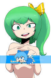 Rule 34 | 2girls, bar censor, blue eyes, blue hair, bow, breasts, censored, censored nipples, character censor, cirno, daiyousei, green eyes, green hair, hair bow, long hair, multiple girls, novelty censor, nude, open mouth, short hair, simple background, spacezin, sweat, touhou, upper body, white background, wings