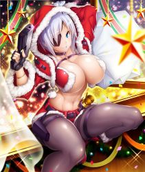 1girl aina_winchester arms_up blue_eyes boots breasts christmas cleavage curvy eyepatch female_focus grin happy hat highres hood hoodie huge_breasts lilith-soft looking_at_viewer navel no_bra pantyhose potion_(moudamepo) santa_hat shiny_skin short_hair silver_hair sitting skirt smile solo taimanin_(series) taimanin_asagi_kessen_arena weapon