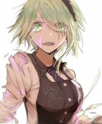 Rule 34 | 1girl, black dress, black hairband, blood, blood on face, blue neckwear, breasts, commentary, danganronpa (series), danganronpa v3: killing harmony, dress, eyes visible through hair, green eyes, hair over one eye, hairband, highres, large breasts, looking at viewer, necktie, open mouth, pink blood, shirt, short hair, simple background, spider web print, spoilers, syan (11037), tears, teeth, torn clothes, torn shirt, tojo kirumi, upper body, upper teeth only, white background, white shirt