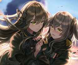 Rule 34 | 2girls, black gloves, black jacket, black scarf, blurry, blurry background, blush, brown hair, closed mouth, commentary request, fingerless gloves, girls&#039; frontline, gloves, grey hair, hair between eyes, hair tie, highres, jacket, long hair, long sleeves, multiple girls, one side up, parted lips, scarf, sidelocks, silence girl, smile, star-shaped pupils, star (symbol), symbol-shaped pupils, tears, ump40 (girls&#039; frontline), ump45 (girls&#039; frontline), upper body, yellow eyes