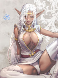Rule 34 | 1girl, belt, boots, breasts, circlet, cleavage cutout, closed mouth, clothing cutout, commentary request, dark-skinned female, dark elf, dark skin, dress, elf, fujii eishun, gold trim, grey background, hair over one eye, highres, knee up, large breasts, lips, long hair, looking at viewer, panties, pirotess, pointy ears, record of lodoss war, shiny skin, short dress, signature, simple background, sitting, sleeveless, smile, solo, thigh boots, thighs, underwear, white dress, white footwear, white hair, white panties, yellow eyes