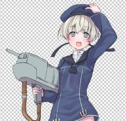 Rule 34 | 1girl, black neckerchief, blue dress, blue eyes, blue hat, blue sailor collar, checkered background, commentary request, dress, gun, hat, holding, holding clothes, holding hat, itsumip, kantai collection, looking at viewer, machinery, neckerchief, sailor collar, sailor dress, sailor hat, short hair, silver hair, smile, solo, unfinished, weapon, z1 leberecht maass (kancolle)