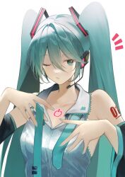 Rule 34 | 1girl, ^^^, aqua eyes, aqua hair, aqua necktie, bare shoulders, black sleeves, breasts, chest tattoo, collarbone, collared shirt, detached sleeves, dot nose, dressing, facing viewer, fingernails, glowing, green nails, grey shirt, hair between eyes, hands up, hatsune miku, headset, highres, holding, holding necktie, lips, long hair, medium breasts, necktie, number tattoo, one eye closed, parted lips, power symbol, shirt, shoulder tattoo, sidelocks, sideways glance, simple background, sleeveless, sleeveless shirt, solo, tattoo, tie clip, tsurime, twintails, tying necktie, upper body, very long hair, vocaloid, white background, wide sleeves, yukihira makoto
