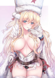 Rule 34 | 1girl, absurdres, belt, black panties, blonde hair, blue eyes, blush, braid, braided bangs, breasts, cleavage, dp28 (girls&#039; frontline), finger to mouth, fur hat, girls&#039; frontline, gloves, hair between eyes, hat, highres, large breasts, long hair, looking at viewer, martinreaction, open mouth, panties, papakha, side braid, simple background, solo, torn clothes, underwear, white gloves