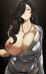 Rule 34 | 1girl, 1other, amamiya tsubaki, black background, black hair, blush, breasts, cafekun, cleavage, closed mouth, collarbone, commentary, earrings, english commentary, female focus, god eater, god eater burst, grey eyes, hair over one eye, huge breasts, jacket, jewelry, long hair, long sleeves, looking at viewer, mixed-language commentary, mole, mole under mouth, navel, necklace, nipples, one breast out, one eye covered, simple background, solo, white jacket