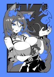 Rule 34 | 1girl, animal ears, arm under breasts, arm up, belt, black nails, black skirt, blue eyes, blue fire, blue hair, bow, bowtie, breasts, chain, cleavage, collar, commentary, detached sleeves, english commentary, fire, grey hair, grey shirt, high-waist skirt, indie virtual youtuber, large breasts, light blush, long hair, looking at viewer, multicolored hair, nanoless, off shoulder, pencil skirt, shirt, sinder (vtuber), sinder (vtuber) (1st costume), skirt, spiked collar, spikes, streaked hair, two-tone hair, upper body, virtual youtuber, wolf ears, wolf girl