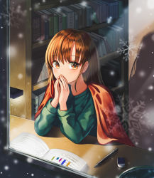 Rule 34 | 1girl, absurdres, bookshelf, brown eyes, brown hair, covering own mouth, desk, eraser, gongha, green sweater, highres, indoors, looking at viewer, mechanical pencil, original, pencil, sitting, snow, snowflakes, snowing, solo, sweater, textbook, window