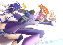 Rule 34 | 00s, 1boy, 1girl, ^^^, blue hair, clenched hand, crossover, formal, gauntlets, goggles, long sleeves, lyrical nanoha, magical girl, mahou shoujo lyrical nanoha, mahou shoujo lyrical nanoha strikers, midriff, navel, orange hair, painpa, radical good speed, revealing clothes, revolver knuckle, running, scryed, simple background, stomach, straight cougar, subaru nakajima, suit, thighs, white background