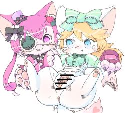 Rule 34 | 2girls, alice (cat busters), artist request, blonde hair, cat, cat busters, censored, cheshire (cat busters), furry, grin, hair ribbon, highres, long hair, multiple girls, object insertion, pink hair, pussy, ribbon, smile, vaginal, vaginal object insertion, yuri