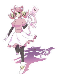 Rule 34 | 1girl, animal ears, bell, black thighhighs, boots, breasts, cat ears, cat tail, gloves, hair bell, hair ornament, highres, mad mew mew, magical girl, medium breasts, pink hair, ribbon, skirt, solo focus, staff, tail, thighhighs, twintails, undertale, white gloves