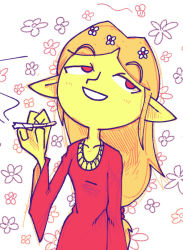 Rule 34 | 1girl, blonde hair, colored skin, commentary, dress, drugs, elf, english commentary, floral background, half-closed eyes, hand up, head tilt, limited palette, long hair, long sleeves, marijuana, original, pointy ears, pun, red dress, red eyes, setz, smile, smoke, solo, white background, yellow skin