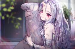 Rule 34 | 1girl, bandages, blood, boku no hero academia, closed mouth, dress, eri (boku no hero academia), grey hair, holding, holding pillow, horns, indoors, injury, long hair, looking at viewer, newz (primnewz), pillow, red eyes, single horn, solo, white dress, window