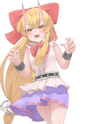 Rule 34 | 1girl, :d, alternate horns, blonde hair, blunt bangs, blush, bow, breasts, buttons, commentary request, cowboy shot, cuffs, fang, hair bow, highres, horns, ibuki suika, long hair, low-tied long hair, medium bangs, open mouth, purple skirt, red bow, ribbon-trimmed skirt, ribbon trim, shirt, sidelocks, simple background, skin-covered horns, skirt, sleeveless, sleeveless shirt, small breasts, smile, solo, suwa (au swap), touhou, v-shaped eyebrows, very long hair, white background, white shirt, yellow eyes