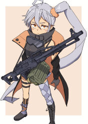Rule 34 | 1girl, absurdres, ahoge, argyle, argyle clothes, argyle legwear, asymmetrical footwear, asymmetrical legwear, black footwear, black gloves, black jacket, black shirt, boots, breasts, closed mouth, foot out of frame, girls&#039; frontline, gloves, goggles, goggles around neck, grey hair, gun, hair between eyes, hair ornament, hair scrunchie, haldeco, high collar, highres, jacket, knee boots, kneehighs, long hair, looking at viewer, machine gun, off shoulder, open clothes, open jacket, pkp (girls&#039; frontline), pkp pecheneg, scrunchie, shirt, side ponytail, simple background, sleeveless, sleeveless shirt, small breasts, socks, solo, thigh strap, thighhighs, very long hair, weapon, yellow eyes