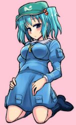 Rule 34 | 1girl, blue eyes, blue footwear, blue hair, blush, boots, breasts, colored eyelashes, dress, full body, hair bobbles, hair ornament, hat, highres, kawashiro nitori, key, large breasts, looking at viewer, matching hair/eyes, pink background, pocket, rubber boots, shirt, short hair, simple background, skirt, skirt set, solo, tanakara, touhou, twintails, two side up