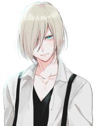 Rule 34 | 1boy, black shirt, blonde hair, blue eyes, closed mouth, collared shirt, commentary request, hair over one eye, looking at viewer, male focus, mellow rag, shirt, shirt under shirt, simple background, solo, suspenders, white background, white shirt, wing collar, yuri!!! on ice, yuri plisetsky