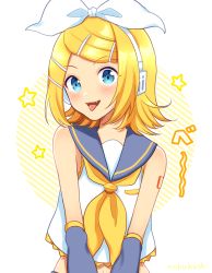 Rule 34 | 1girl, :p, bare shoulders, blonde hair, blue eyes, bow, bowtie, crop top, detached sleeves, fang, hair bow, hair ornament, hairclip, head tilt, headphones, kagamine rin, looking at viewer, nokuhashi, open mouth, sailor collar, shirt, short hair, shoulder tattoo, skirt, sleeveless, sleeveless shirt, solo, star (symbol), symbol-only commentary, tattoo, tongue, tongue out, vocaloid, white bow, white shirt, yellow bow