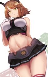 Rule 34 | 2girls, arm at side, bare shoulders, breasts, brown hair, cowboy shot, dutch angle, fairy (kancolle), flipped hair, from below, gloves, green eyes, groin, hairband, hand on own chest, headgear, kantai collection, large breasts, light brown hair, looking down, microskirt, midriff, miniskirt, multiple girls, mutsu (kancolle), red legwear, short hair, skirt, smile, standing, sweatdrop, swept bangs, thighs, utopia, white gloves