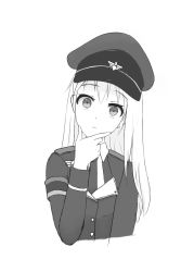 Rule 34 | 1girl, cropped torso, fingers to mouth, girls&#039; frontline, greyscale, hat, jacket, long hair, longkoong, looking at viewer, military, military hat, military jacket, military uniform, monochrome, solo, stg44 (girls&#039; frontline), uniform, white background