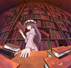Rule 34 | 1girl, absurdres, book, bookshelf, closed mouth, crescent moon, dress, from side, hat, highres, holding, holding book, indoors, library, long hair, mob cap, moon, patchouli knowledge, purple dress, purple eyes, purple hair, reading, solo, standing, star (symbol), topadori, touhou