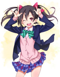 Rule 34 | 10s, 1girl, ;d, \m/, black hair, blazer, blush, bow, cardigan, double \m/, hair bow, jacket, long hair, looking at viewer, love live!, love live! school idol project, one eye closed, open mouth, red eyes, school uniform, skirt, smile, solo, twintails, ushiki yoshitaka, wink, yazawa nico