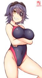 Rule 34 | 1girl, alternate costume, artist logo, black one-piece swimsuit, blue one-piece swimsuit, breasts, clenched teeth, collarbone, commentary request, competition swimsuit, covered navel, cowboy shot, crossed arms, dated, eyepatch, goggles, goggles on head, grin, highleg, highleg swimsuit, highres, kanon (kurogane knights), kantai collection, large breasts, looking at viewer, medium hair, one-piece swimsuit, purple hair, red one-piece swimsuit, short hair, simple background, smile, solo, standing, swimsuit, teeth, tenryuu (kancolle), white background, yellow eyes